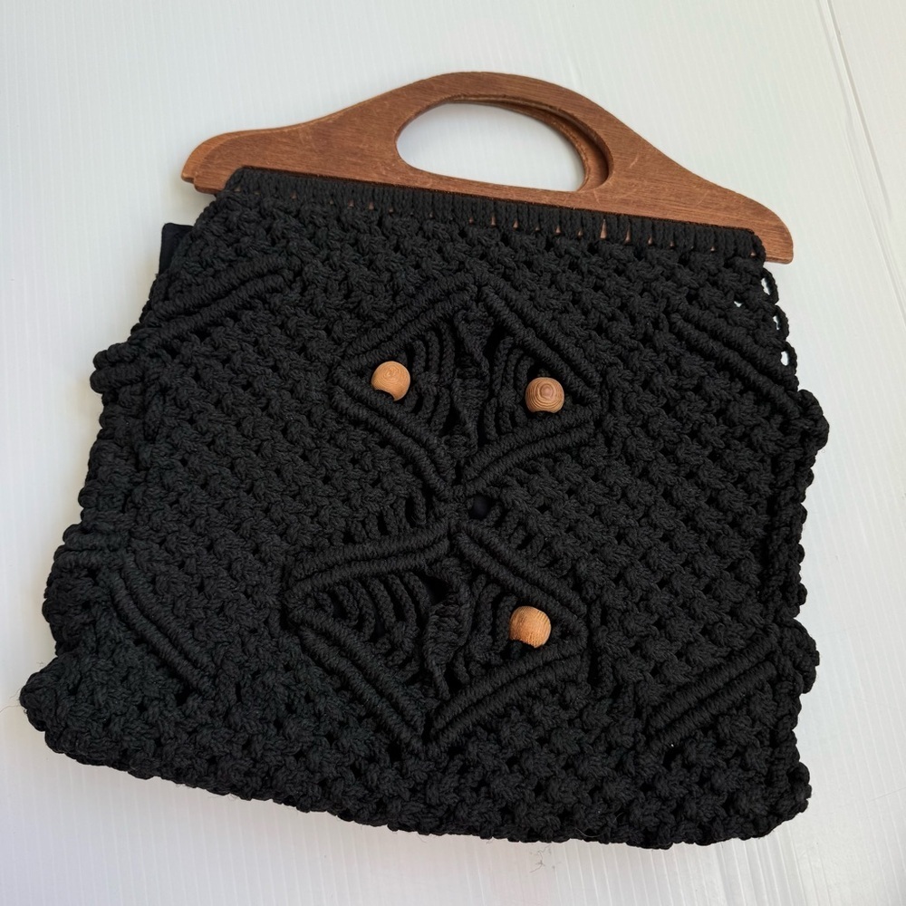 Vintage Handcrafted Black Macramé Bag with Wooden Handles